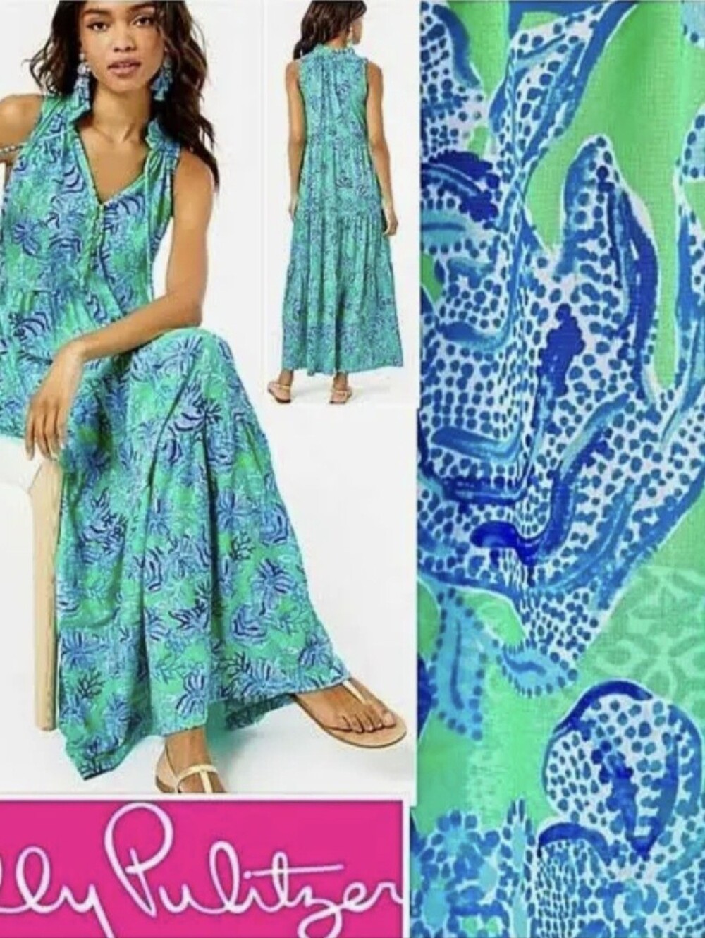 Lilly Pulitzer Keeping It Reel Maxi Dress in Turquoise and Blue Size Small
